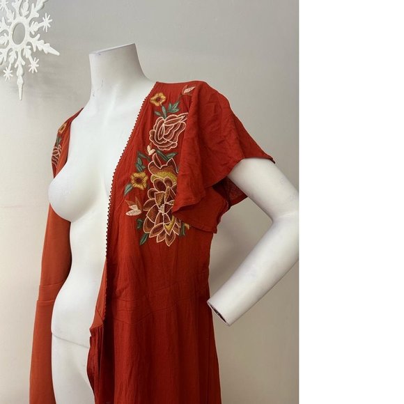 Brick burnt orange long maxi dress cover-up floral embroidered asymmetrical gown - Picture 3 of 5